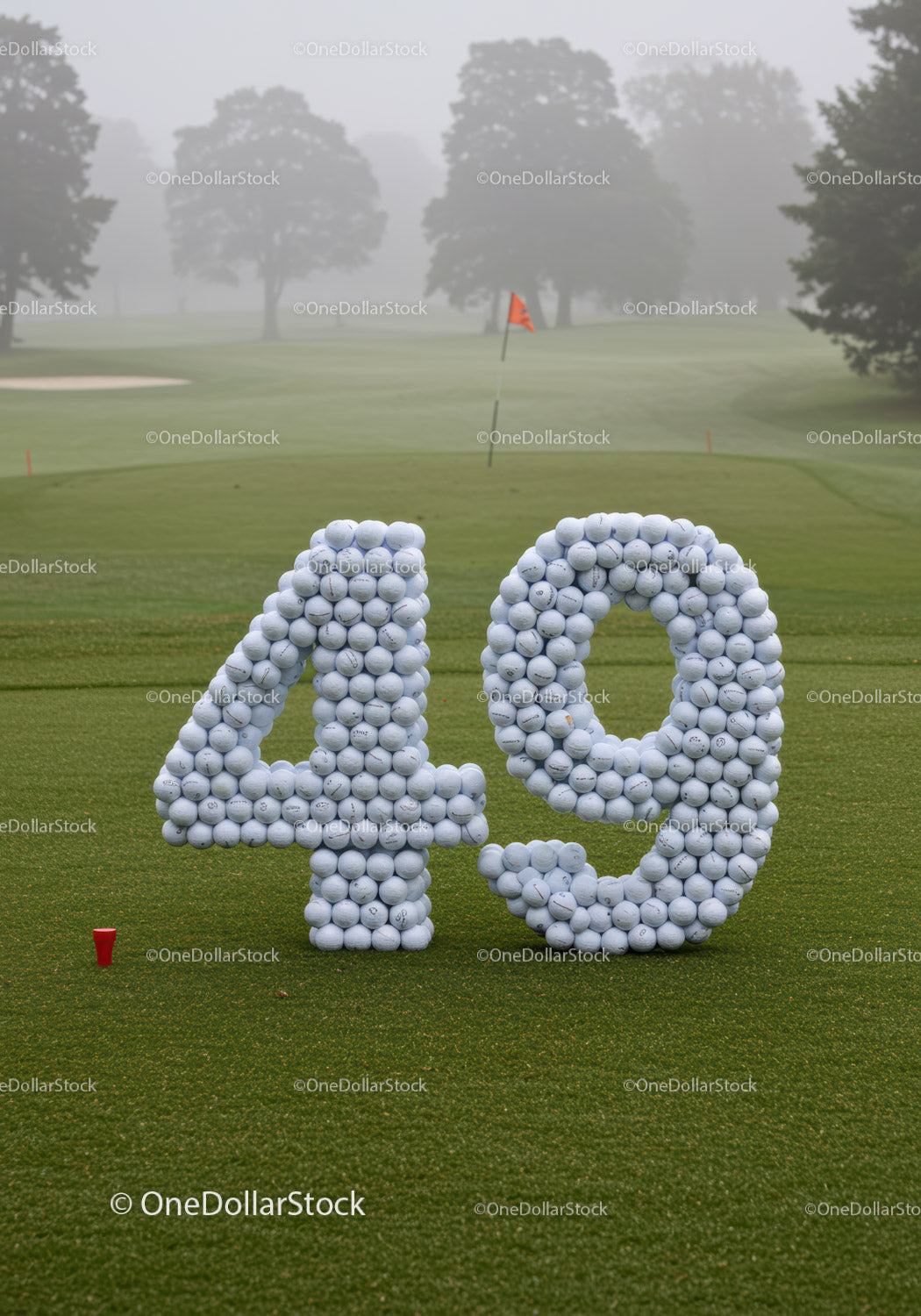 Number forty nine shaped with golf balls on course