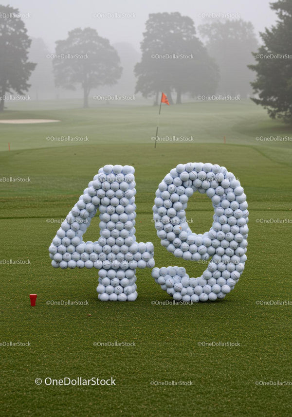 Liczba czterdzieści dziewięć ułożona z piłek golfowych na polu golfowym