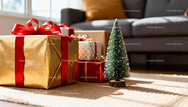 Cozy living room with Christmas gifts and mini tree