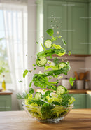 Fresh green salad ingredients in midair over bowl