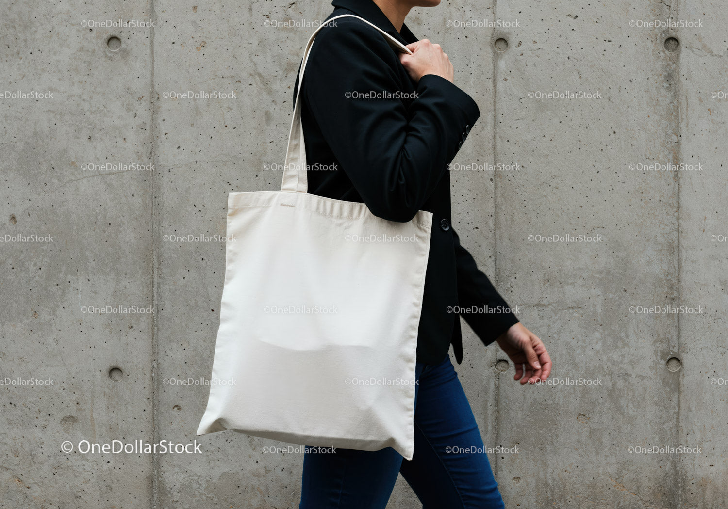 Person Walking with Plain White Canvas Tote Bag