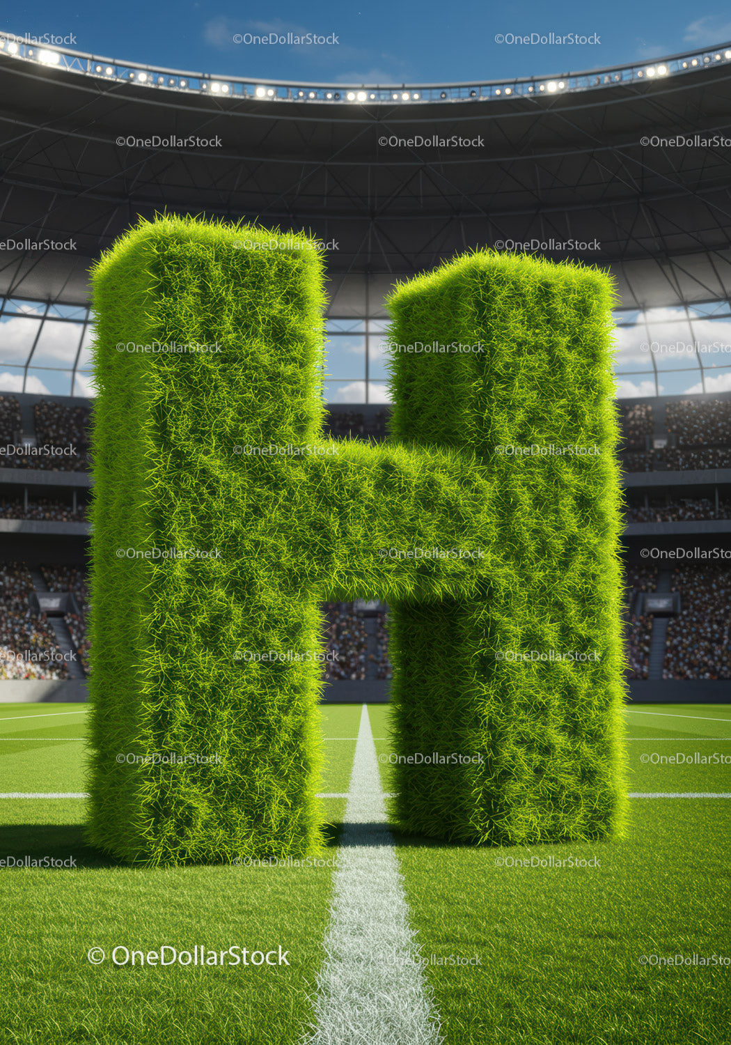 Grass Sculpted Letter H on Soccer Stadium Field