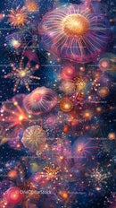 Colorful glowing jellyfish in deep sea underwater scene