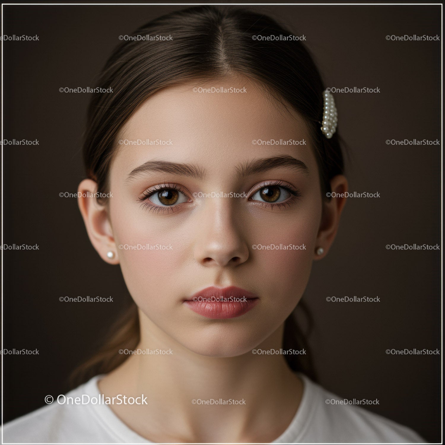 Elegant Young Woman with Captivating Brown Eyes and Pearl Earrings