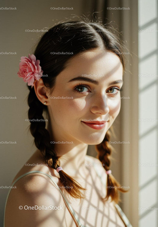 Young Woman with Braided Hair and Pink Flower Accessory Smiling In Sunlight