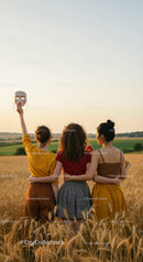 Women in Casual Outfits Standing in Wheat Field at Sunset with Mask