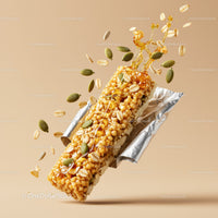 Crunchy granola energy bar with honey drizzle