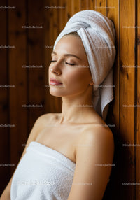 Relaxing Spa Woman with Towel and Wooden Background