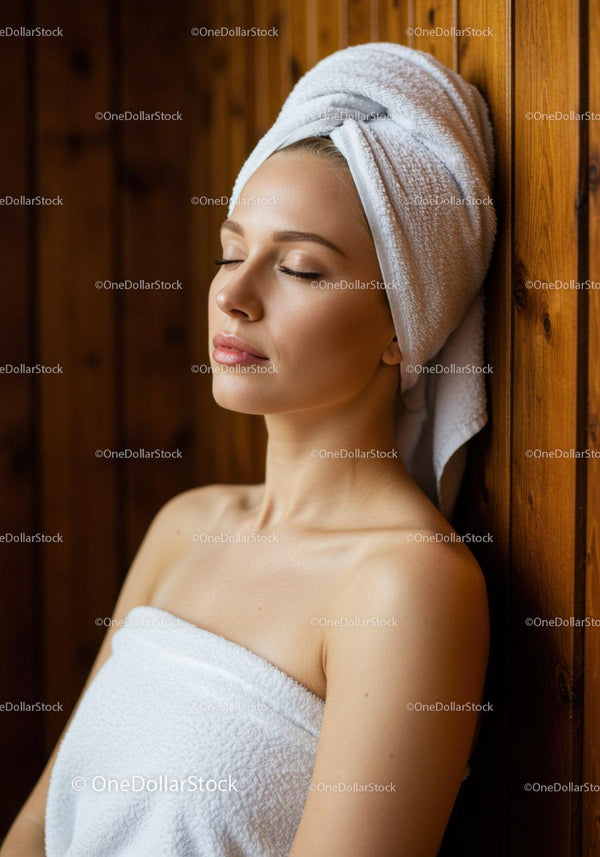 Relaksująca kobieta w spa z ręcznikiem na tle drewnianej ściany
