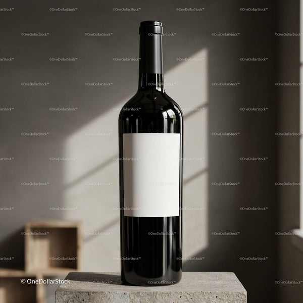Elegant wine bottle with blank label in natural light JPG Mockup Image