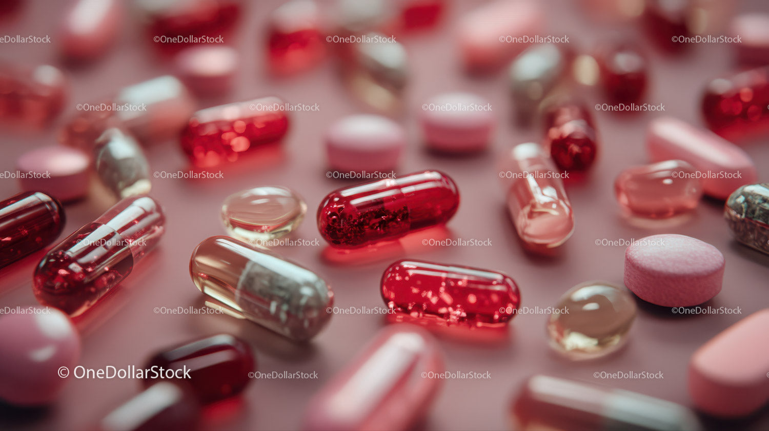 Close-up of Assorted Red and Pink Pills and Capsules