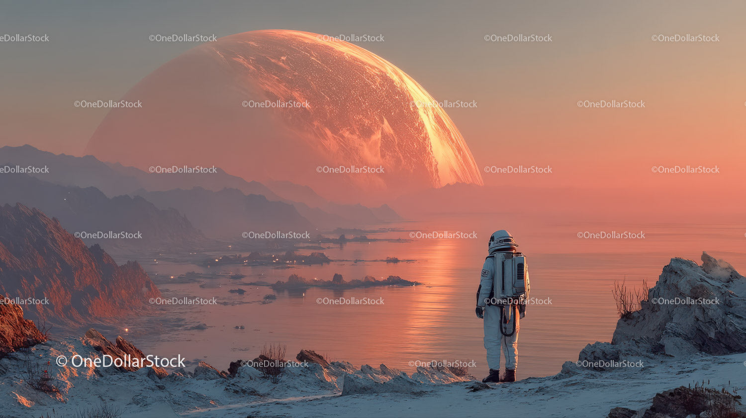 Astronaut Exploring a Surreal Alien Landscape with a Giant Orange Planet