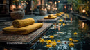 Luxury Outdoor Pool with Floating Yellow Daisies and Towels