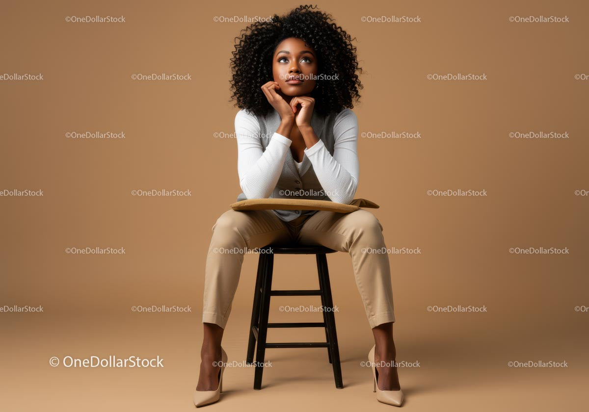 Thoughtful Woman Seated in Elegant Attire Against Brown Background
