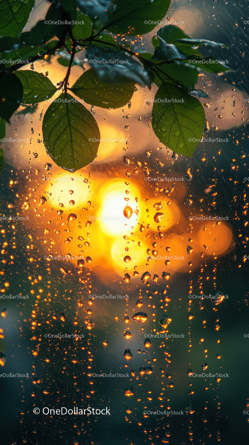 Wet Leaves and Raindrops with Sunset Glow in Nature Scene