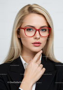 Fashionable Businesswoman Wearing Red Glasses and Thinking
