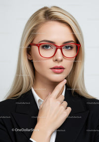 Fashionable Businesswoman Wearing Red Glasses and Thinking