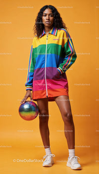 Vibrant Rainbow Sportswear Dress with Woman Holding Disco Ball