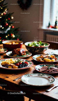 Traditional holiday dinner served on festive plates