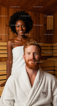 Smiling African American Woman and Redhead Man Enjoying Sauna Therapy