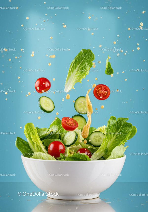 Fresh garden salad with flying vegetables and dressing