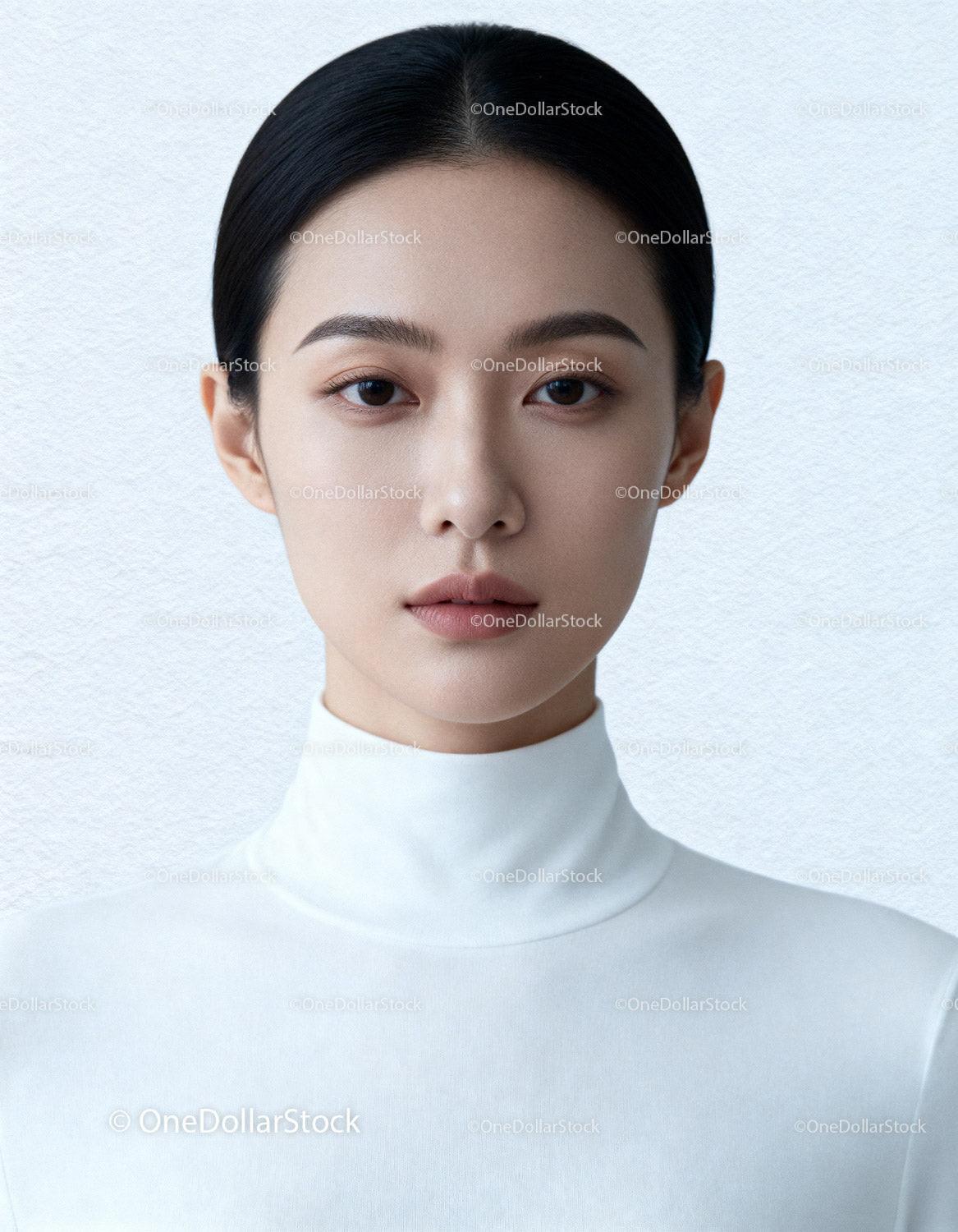 Calm young woman with natural makeup in white turtleneck