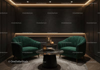Cozy lounge with green velvet armchairs and ambient lighting