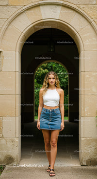 Casual Summer Look of Young Woman in Denim Skirt