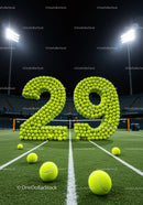 Tennis balls arranged as number twenty nine on court