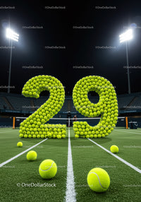 Tennis balls arranged as number twenty nine on court