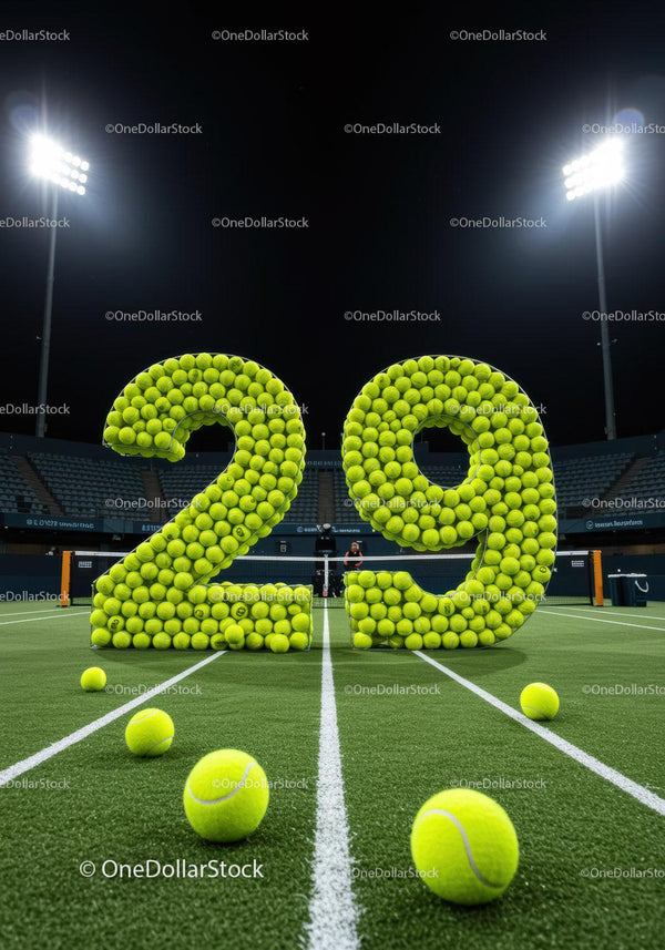 Tennis balls arranged as number twenty nine on court
