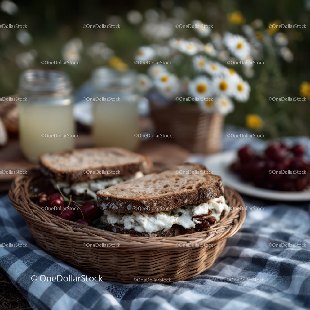 Fresh Strawberries and Wildflowers Picnic Scene in Summer Garden