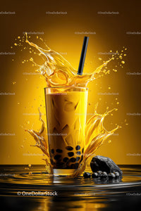 Vibrant Bubble Tea with Splash of Golden Liquid and Tapioca Pearls