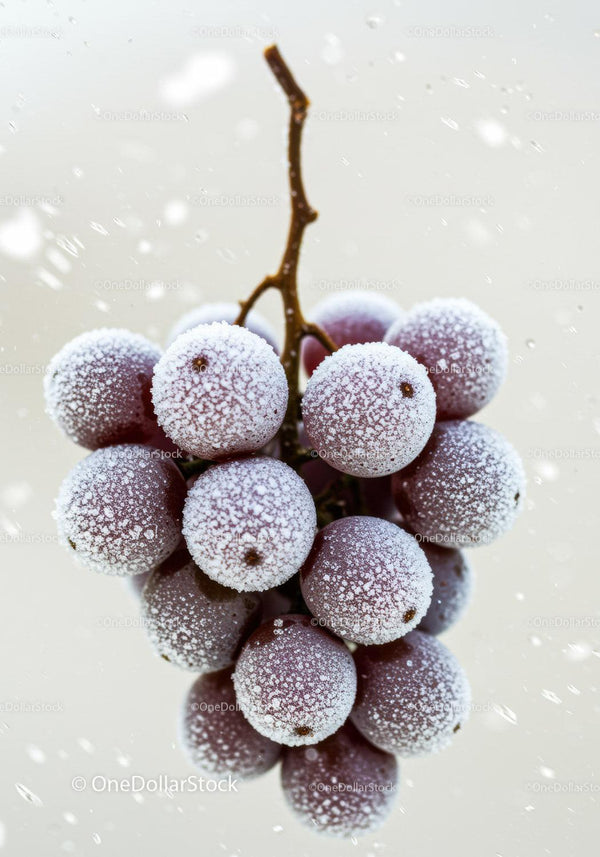 Frozen Red Grapes Cluster with Frost on White Background