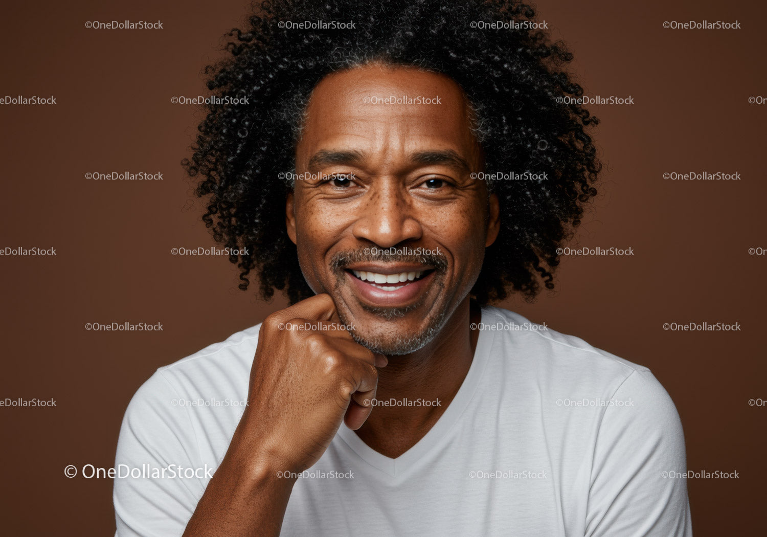 Smiling Mature Man with Curly Hair Portrait on Warm Background