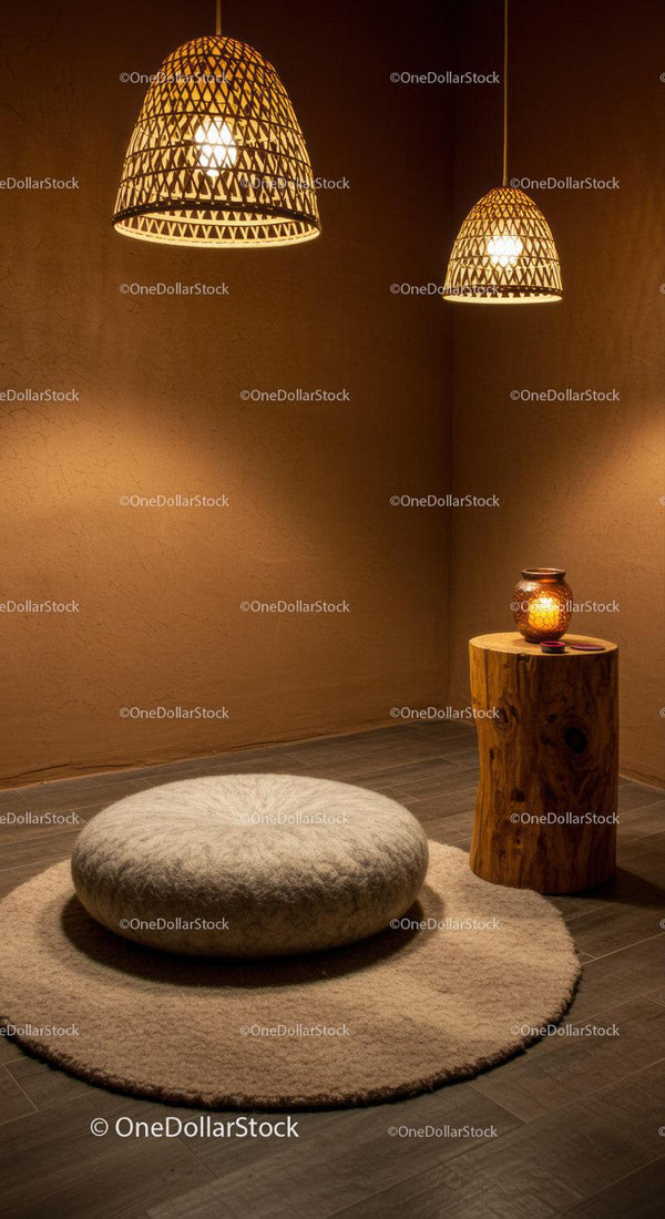 Cozy meditation corner with soft lighting and natural decor