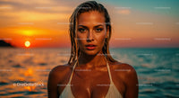 Young Woman at Sunset on the Beach with Ocean View