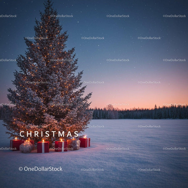 Snowy Christmas tree with gifts and glowing candles