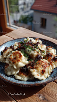 Fried Dumplings with Spicy Sauce and Fresh Herbs on Rustic Plate