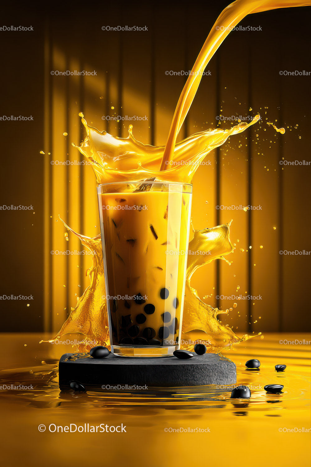 Vibrant Bubble Tea with Splash and Black Tapioca Pearls