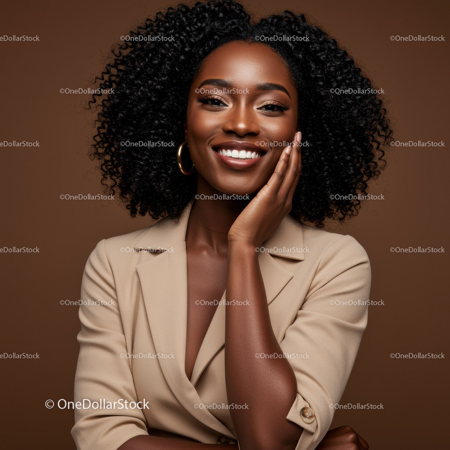 Smiling African American Woman with Curly Hair Wearing Beige Blazer