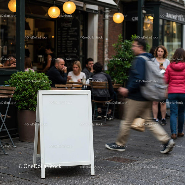 Blank outdoor signboard in busy cafe street scene JPG Mockup Image