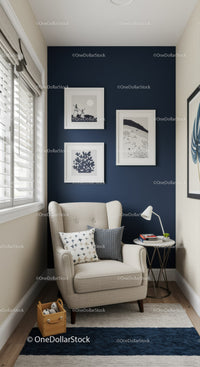 Modern Cozy Corner with Navy Accent Wall and Comfortable Armchair