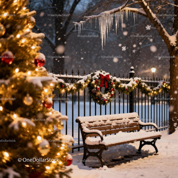 Snowy park bench with festive Christmas decorations