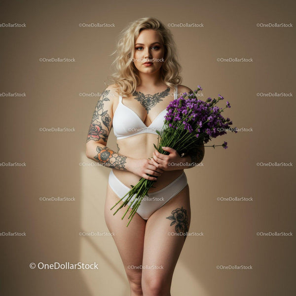 Tattooed Woman in White Lingerie Holding Purple Flowers Studio Portrait