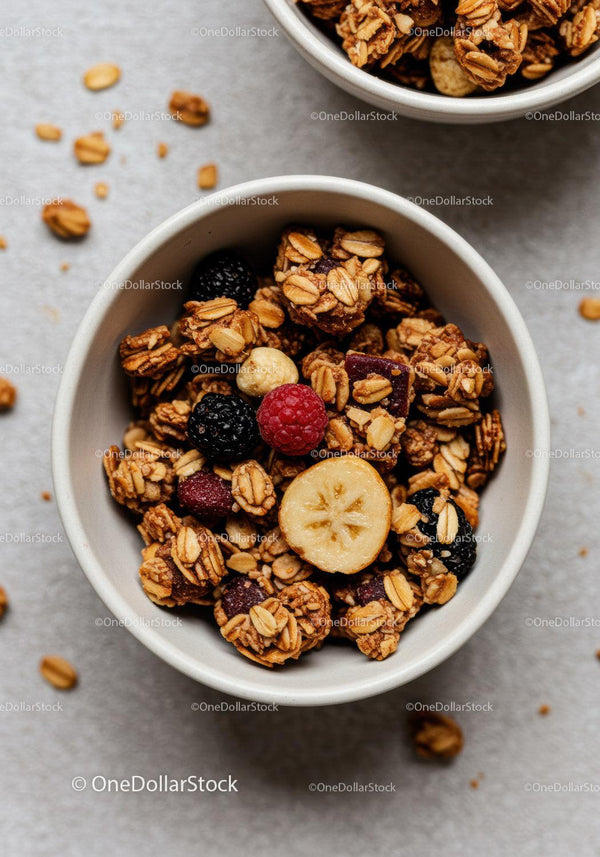 Granola with mixed berries and banana slice in bowl