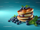 Stack of Blueberry Pancakes with Fresh Mint and Berry Topping
