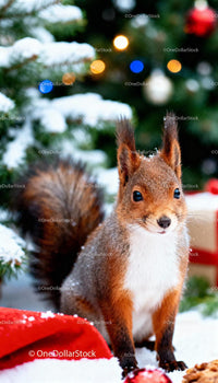 Curious red squirrel in snowy festive setting