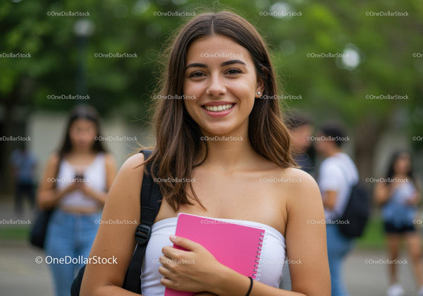 Young Woman Smiling Outdoors with Pink Notebook in Green Park
