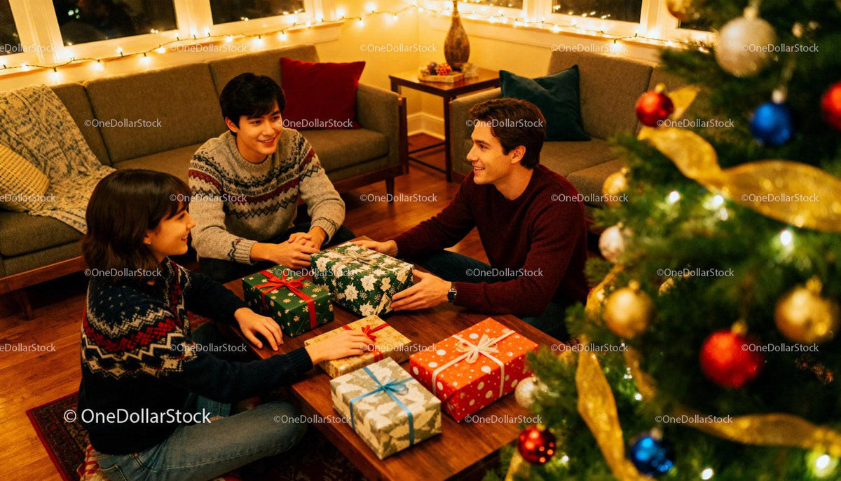 Friends exchanging gifts in cozy living room